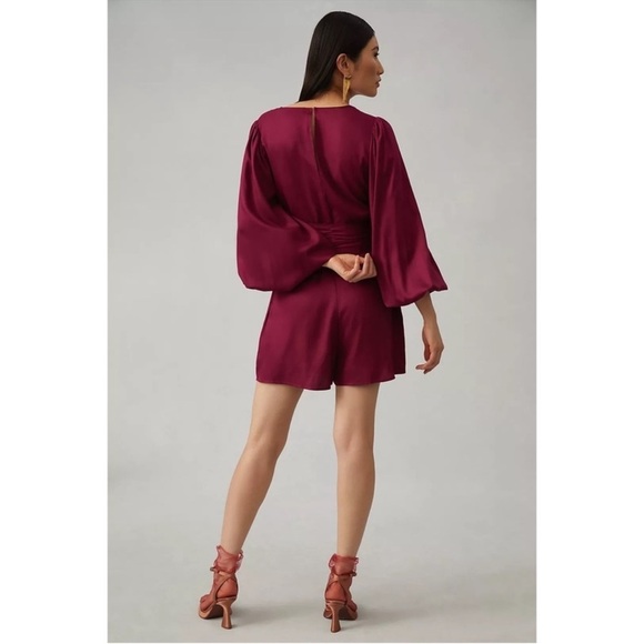 Anthropologie Farm Rio Bell Sleeve Romper V-neck Belt Beads Tassels Plum M NWT - Picture 5 of 7